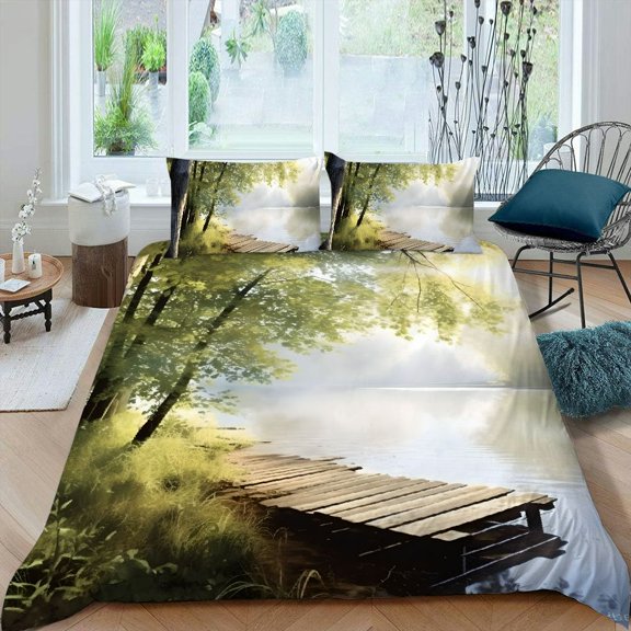 Pratyus River Forest Bench 3-Piece Bedding Set (Single-Sided Print) Comfortable and Breathable Peach Skin Velvet Bedroom; Guest Room 87x68in