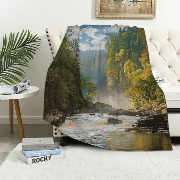 Pratyus River Forest Rocks Print Flannel Throw Blanket, Super Soft Blanket for All Seasons, Hand/Machine Wash, Lightweight & Cozy 60x80in