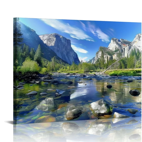 Pratyus River Rocks Trees Canvas Wall Decor for Bathroom - Ready To Hang Room Home Art Decor 20x16in