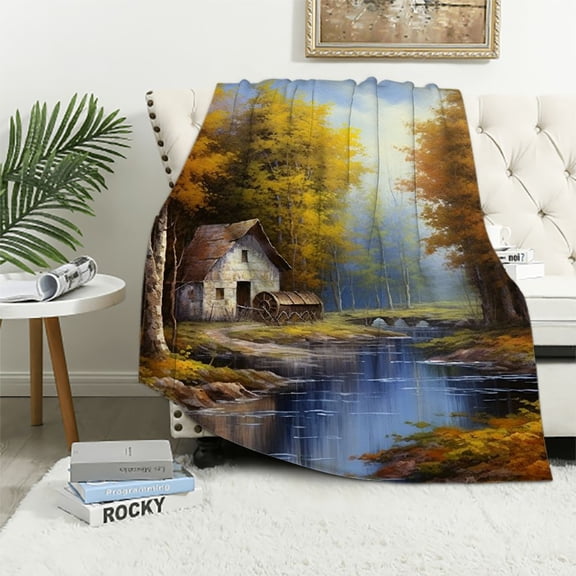 Pratyus River Trees Mill Cozy Throw Blanket for Bedroom Living Rooms Sofa Couch All Seasons Soft Plush Blanket 40x50in