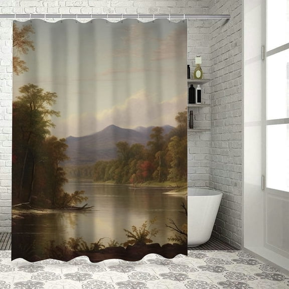 Pratyus River Trees People Printed Shower Curtain, Easy Care 100% Polyester Fiber Bathroom Set with Hooks 69x72
