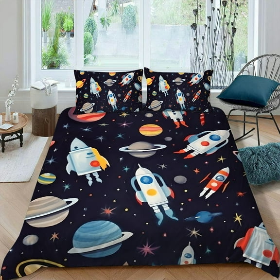 Pratyus Rockets Stars Planets 3-Piece Bedding Set - Easy to Clean and Care, Peach Skin Fabric, Bedroom, Guest Room 87x68in