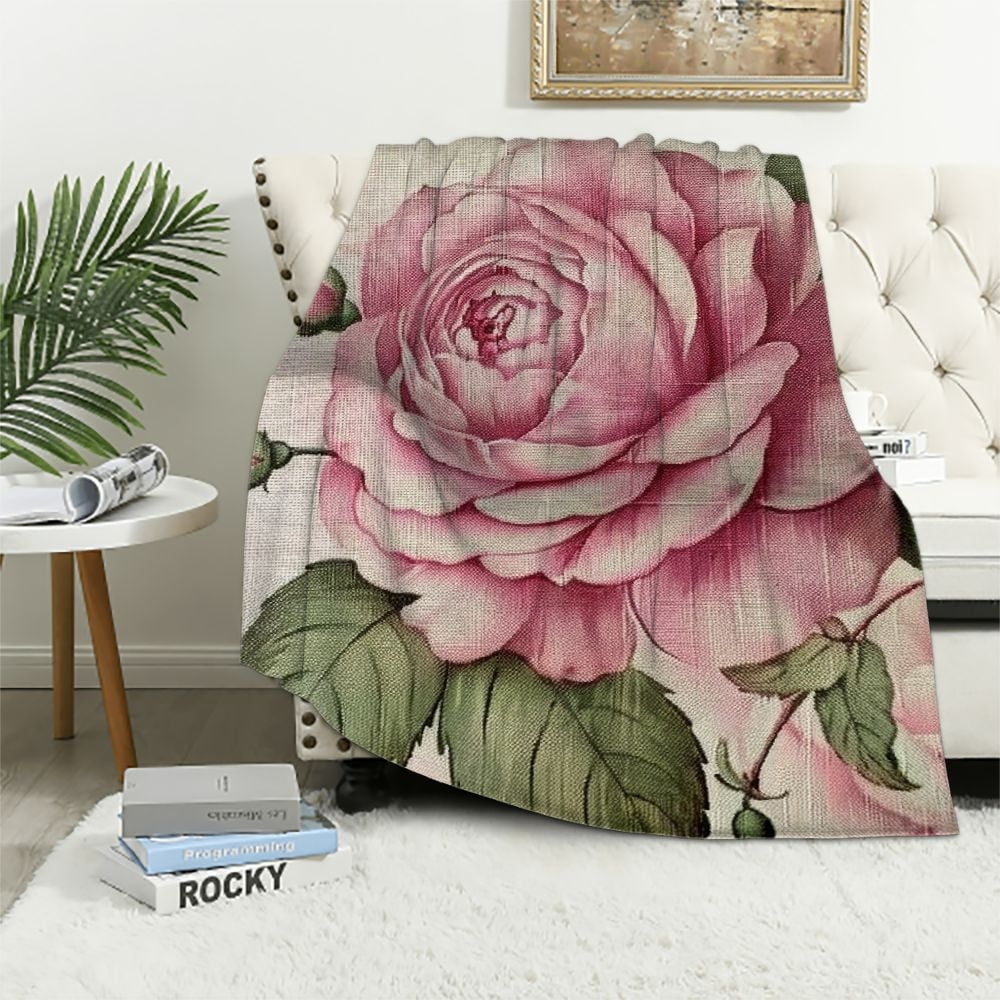 Pratyus Rose Leaves Pink Print Throw Blankets Lightweight Cozy Soft Plush All Seasons Blanket ...