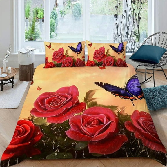 Pratyus Roses Butterfly Magic Realism 3-Piece Bedding Set - Bedroom Home Decor 87x68in