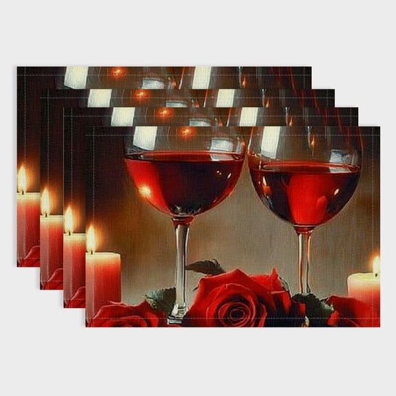 Pratyus Roses Candles Wine Theme Linen Table Decor - 4pcs Holiday Party Placemat Set for Birthday, Christmas, Buffets & Home Decoration 18x12in