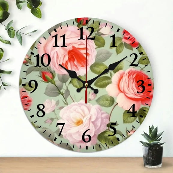 Pratyus Roses Floral Print Round Wooden Wall Clock Battery Operated Silent Mechanical Movement 10 Inches Decor for Living Rooms, Kitchens, Dorms 10x10in