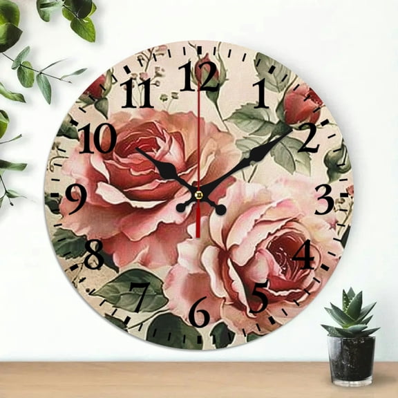 Pratyus Roses Flowers Painting Wall Clock Silent Mechanical Movement 10 Inches for Living Rooms, Kitchens, Dorms 10x10in
