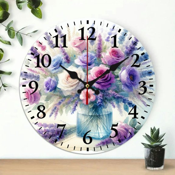 Pratyus Roses Lavender Bouquet Wall Clock for Living Room, Bedroom, Kitchen - 10 Inch Frameless Decorative Analog Clock 10x10in