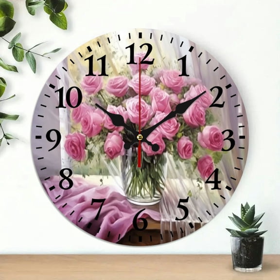 Pratyus Roses Round Wooden Wall Clock Decor 10 Inch for Living Room, Kitchen, Dorms - Practical Everyday Gift 10x10in