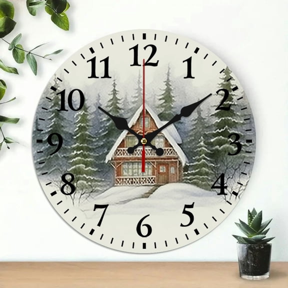 Pratyus Round Wooden Wall Clock for Home Decor, Snow Trees Cabin Print, Wall Art Decor, 10 Inches, Silent, Battery Operated, Decorative Clock for Living Room 10x10in