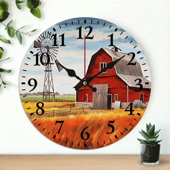Pratyus Round Wooden Wall Clock for Home Decor, Wheat Field Barn Windmill Print, Ideal Wall Decor for Living Rooms and Kitchens, 10-Inch Frameless Analog Clock 10x10in