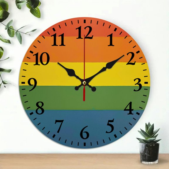 Pratyus Round Wooden Wall Clock Rainbow Flag Color De Stijl Print Decor for Living Room 10 Inches Silent Battery Operated 10x10in