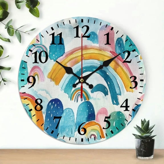 Pratyus Round Wooden Wall Clock, Rainbows Clouds Blue Sky Print, Ideal Wall Decor for Living Room, Kitchen, Dorm, Perfect Everyday Gift, 10-inch 10x10in