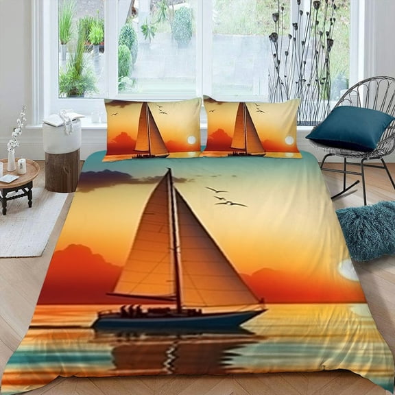 Pratyus Sailboat Ocean Sunset 3-Piece Bedding Set Lightweight and Soft Peach Skin Velvet Bedroom Guest Room Decor 87x68in