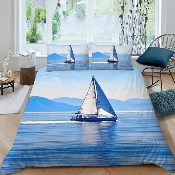 Pratyus Sailing Boat 3-Piece Bedding Set (Single-Sided Print) High-Quality Sleep Peach Skin Velvet Bedroom; Guest Room 87x68in