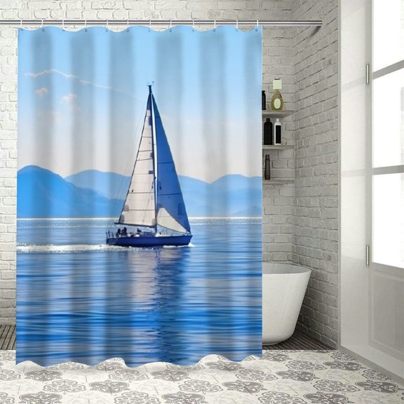Pratyus Sailing Boat Shower Curtain Set with Hooks, Cloth Fabric Bathroom Decor, 100% Polyester, Waterproof, Washable 36x72