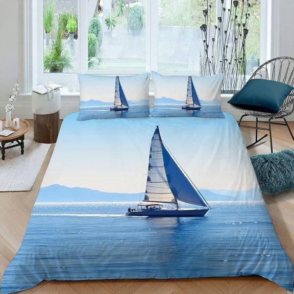Pratyus Sailing Boat Theme 3-Piece Bedding Set Lightweight and Soft Peach Skin Velvet Bedroom Guest Room 87x68in
