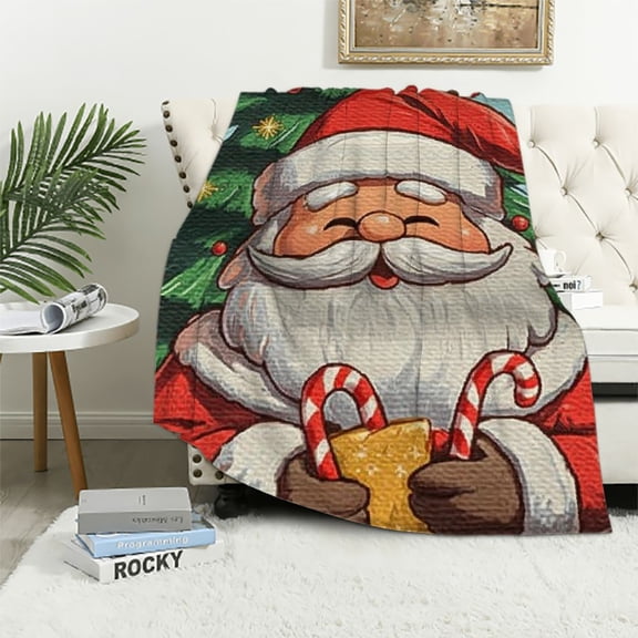 Pratyus Santa Claus Christmas Tree Candy Canes Flannel Throw Blanket for Couch Sofa Bed, Christmas Home Decor Soft Plush Blankets All Seasons 60x80in
