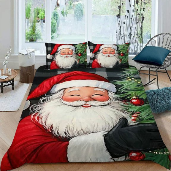 Pratyus Santa Claus Christmas Tree Smiling 3-Piece Bedding Set Lightweight and Soft for Modern Bedroom Decor 87x68in