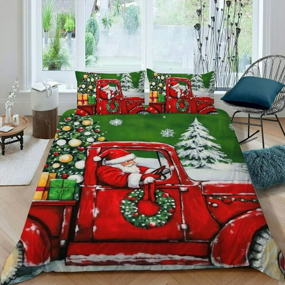 Pratyus Santa Claus Red Truck Christmas Tree 3-Piece Bedding Set Modern Style Lightweight and Soft Bedroom Decor for All Seasons, Machine Washable 87x68in