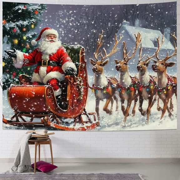 Pratyus Santa Claus Reindeers Sleigh Tapestry Wall Hanging for Bedroom Dorm Christmas Decoration - Short Plush Fabric, Vivid Pattern Design, Multi-Functional Home Decor 60x50inch