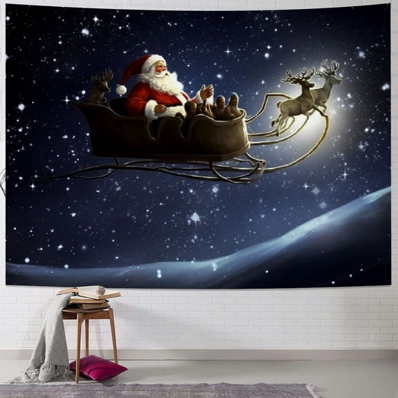 Pratyus Santa Claus Sleigh Full Moon Stars Tapestry Wall Hanging Christmas Decoration for Bedroom Dorm Wall Decor 40x30inch