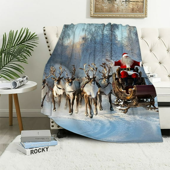Pratyus Santa Claus Sleigh Reindeers Flannel Throw Blanket for Couch Sofa Bed All Seasons Christmas Home Decor 40x50in