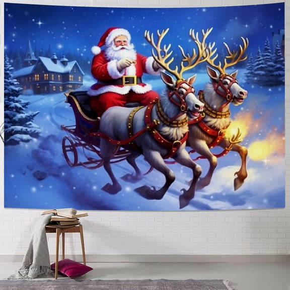 Pratyus Santa Claus Sleigh Reindeers Tapestry Wall Hanging Christmas Decoration Home Art Short Plush Various Sizes 60x50inch