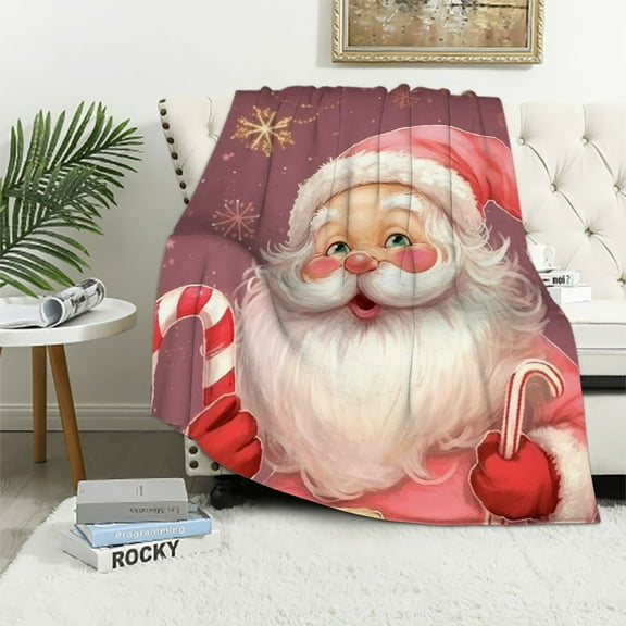 Pratyus Santa Clause Candy Cane Merry Christmas Flannel Throw Blanket for Couch Sofa Bed All Seasons Comfort, Perfect Christmas Home Decor Gift 60x80in