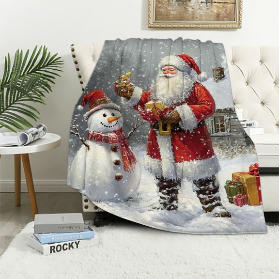 Pratyus Santa Clause Snowman House Flannel Throw Blanket for Couch Sofa Bed, Christmas Home Decor, All Seasons, Long-lasting 40x50in