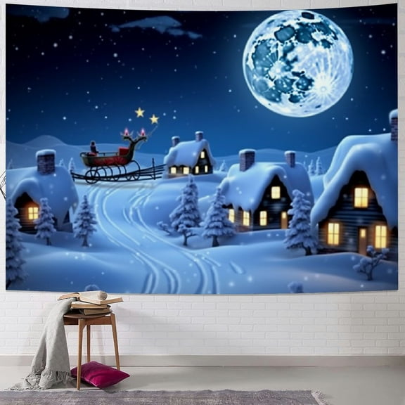 Pratyus Santa Sleigh Snow Village Full Moon Tapestry Wall Hanging Christmas Decoration Home Decor 60x50inch