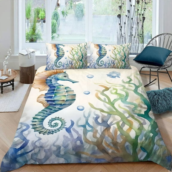 Pratyus Sea Horse Starfish Seaweed 3-Piece Bedding Set, Peach Skin Velvet, Bedroom Guest Room, Easy Care 87x68in