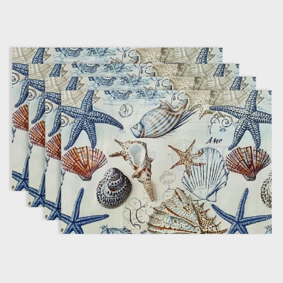 Pratyus Sea Shells Starfish Linen Party Table Placemats - Set of 4 Indoor Outdoor Table Placemat for Birthday Parties, Christmas Restaurants, Buffets, Home Decoration 18x12in