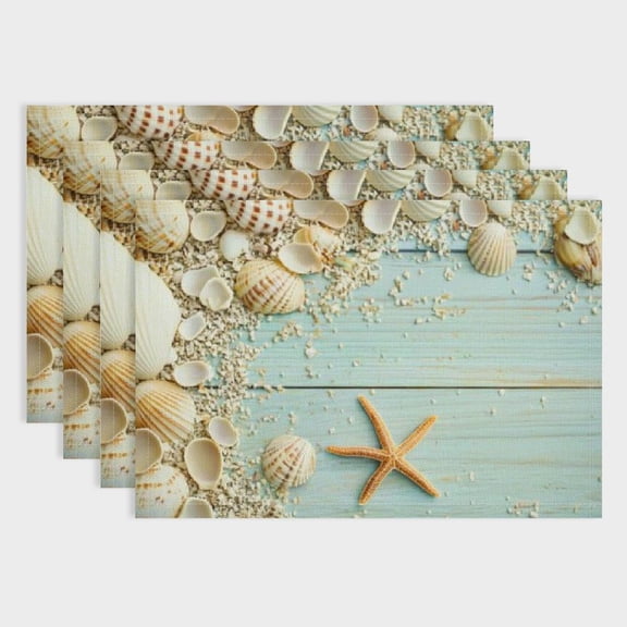 Pratyus Seashells Starfish Ocean Linen Dining Table Placemats, Set of 4, Ideal for Birthday Parties, Christmas, Buffets, Home Decoration 18x12in