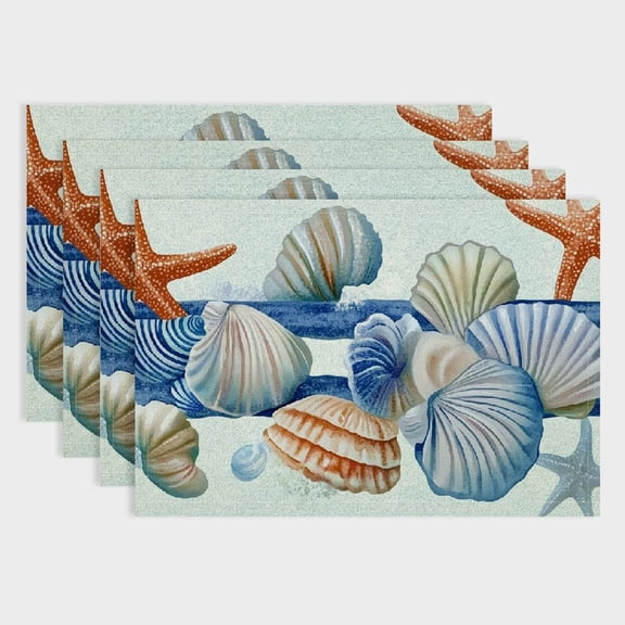 Pratyus Seashells Starfish Party Table Placemat Set Linen Dining Placemats for Birthday Parties, Christmas, Restaurants, Buffets - 4pcs 18x12in