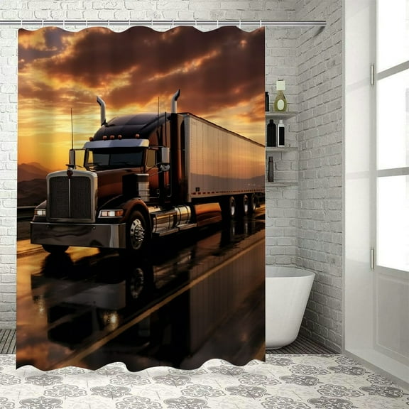 Pratyus Semi Truck Highway Sunset Printed Shower Curtain Decor Polyester Fiber Home Bathroom Decoration Set with Hooks 69x72