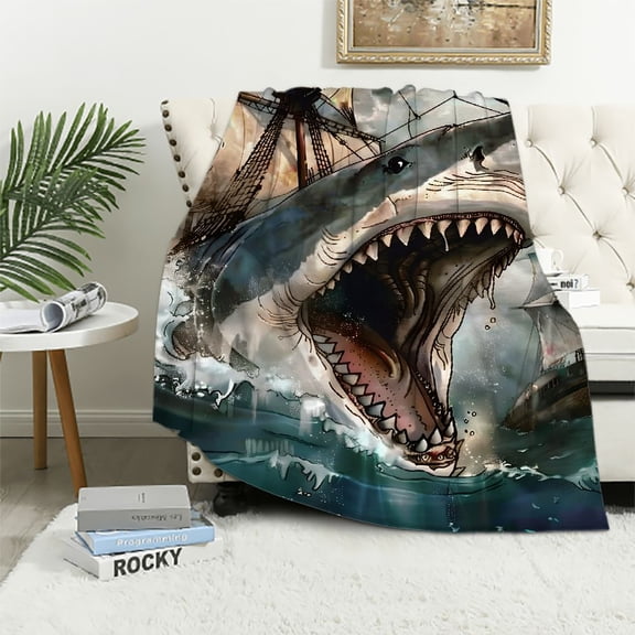 Pratyus Shark Ship Ocean Flannel Throw Blanket for Bed Sofa Decor All Seasons Lightweight Anti-Wrinkle Cozy Blanket Gift 40x50in