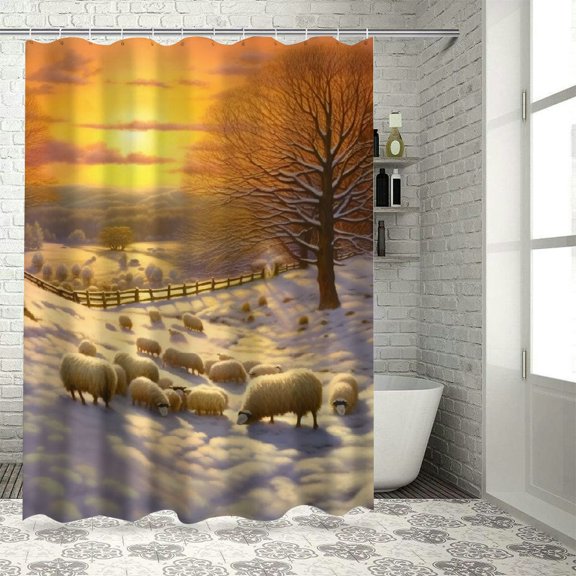Pratyus Sheep Sunset Quick-Drying Polyester Fiber Shower Curtain Set for Bathroom with Hooks, Home Bathtubs Decoration, Waterproof Bathroom Curtain 36x72