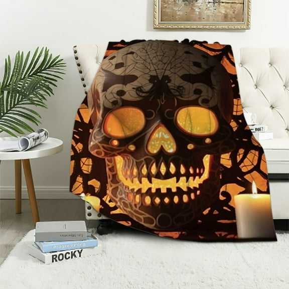 Pratyus Skull Spider Web Candle Halloween Throw Blanket Flannel Blanket for Bed Couch Sofa – Lightweight Soft Blanket for All Seasons 40x50in
