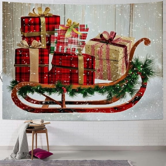 Pratyus Sleigh Presents Snow Tapestry Wall Hanging for Bedroom Living Room Dorm Christmas Decoration Short Plush Fabric 40x60inch