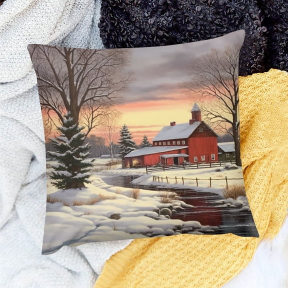 Pratyus Snow Barn Stream Farmhouse Decor Linen Pillow Covers Set for Home Sofa Couch 20x20in