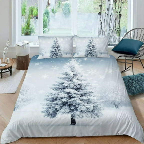 Pratyus Snow Trees 3-Piece Bedding Set for Bedroom and Guest Room Decor, Modern and Soft Easy-Care Set, Peach Skin Fabric, Queen Size, Stylish Patterns, Gift Option 87x68in
