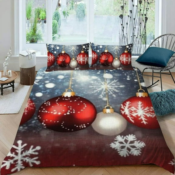 Pratyus Snowflakes Baubles 3-Piece Bedding Set Modern Soft Bedroom Room Decor High Quality Sleep Christmas Peach Skin Velvet Comforter Set for Men Women Teens Adults 87x68in