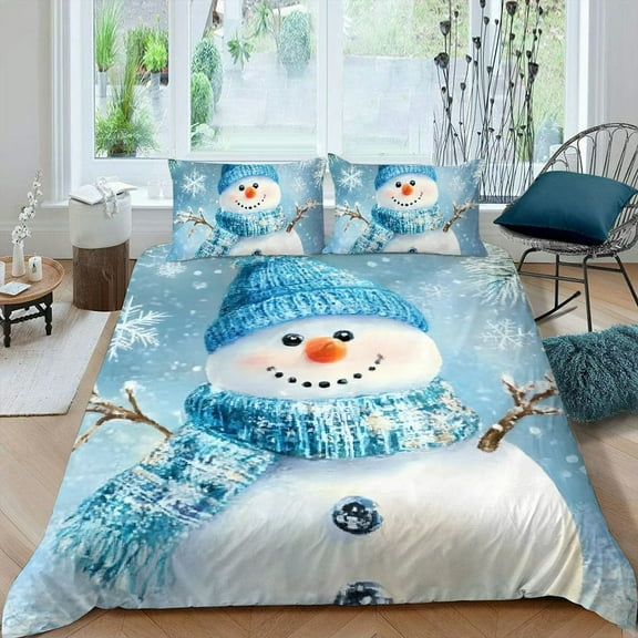 Pratyus Snowman 3-Piece Bedding Set Lightweight Soft Peach Skin Velvet Bedroom Guest Room Christmas Theme 87x68in