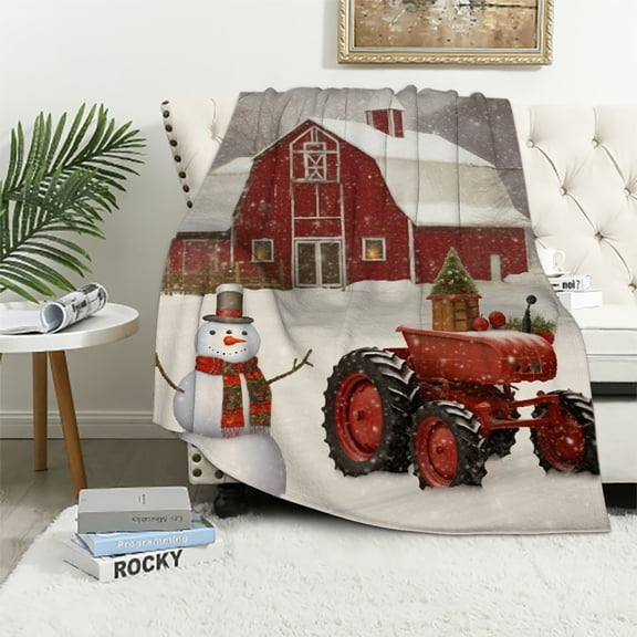 Pratyus Snowman Barn Tractor Print Throw Blanket, All Seasons Comfortable Design Lightweight Blanket for Bed Sofa Living Room Decor, Perfect Gift for Holidays 50x60in