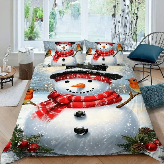 Pratyus Snowman Bird Winter 3-Piece Bedding Set Modern Soft Microfiber Bedroom Decor 87x68in