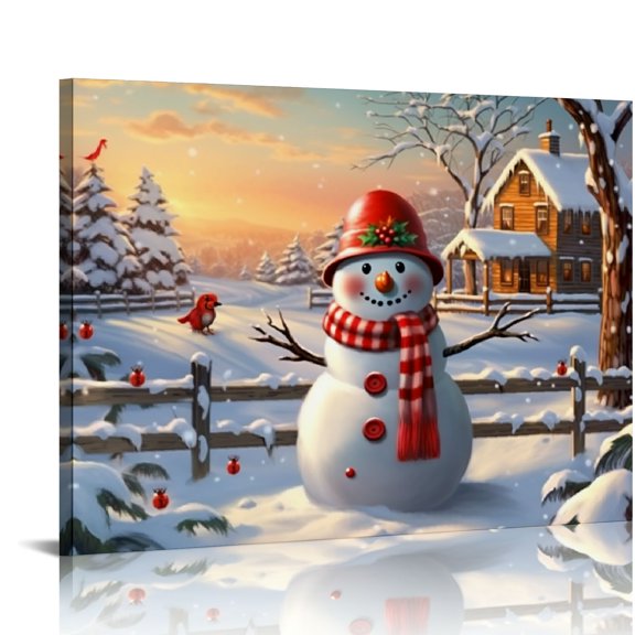 Pratyus Snowman Canvas Wall Art Decor Ready To Hang for Home Living Room Office Hotel Bar Salon Holiday Gifts 16x12in