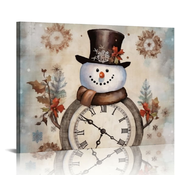 Pratyus Snowman Clock Face Winter Modern Canvas Print On Canvas Wall Art Decor for Home and Office 16x12in