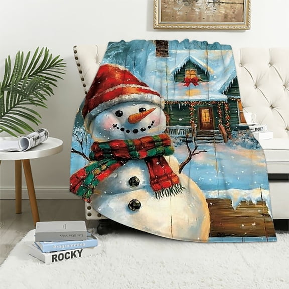 Pratyus Snowman House Winter Throw Blanket for Couch Outdoor All Seasons Gift - Christmas Theme 60x80in