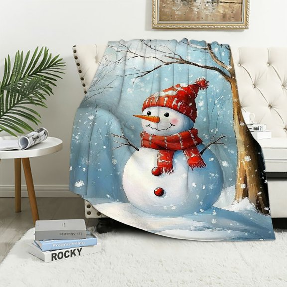 Pratyus Snowman Snow Landscape Tree Throw Blanket for Couch Outdoor Unisex Gift Lightweight Soft Blanket All Seasons Christmas 40x50in